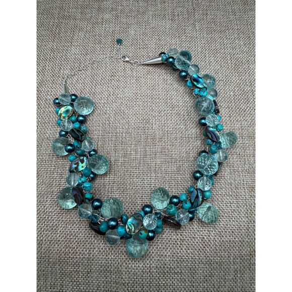 Chunky Aqua Teal Glass & Shell Bead Statement Necklace - Picture 4 of 8